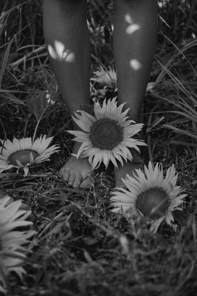 black and white picture of sunflower near the skin of the legs of a young lady