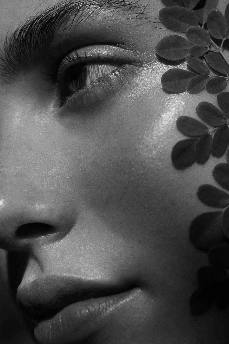 decorative picture in black and white showing botanical ingredients next to a woman's eye