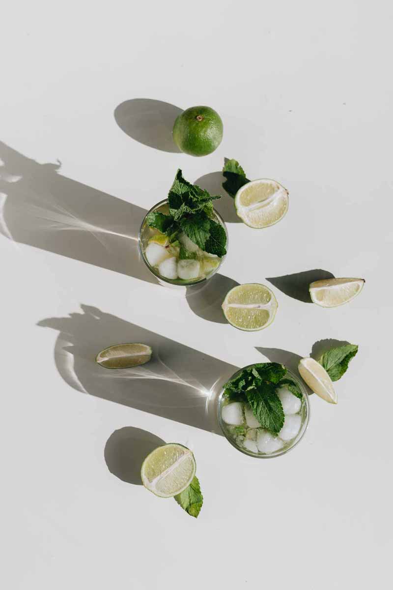 floral composition of leaves and lime fruits on a white table